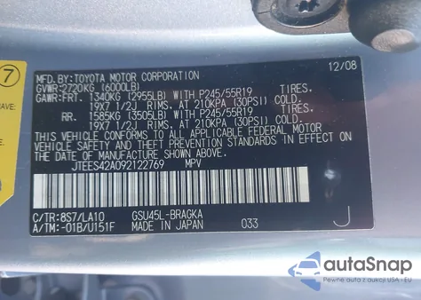 2009 Toyota Highlander Limited z USA, uszkodzony, nr VIN JTEES42A092122769